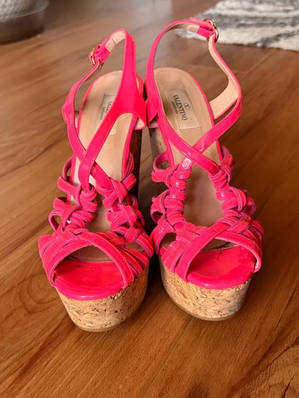 Valentino Garavani Hot Pink Patent Cork Wedge Sandals 38